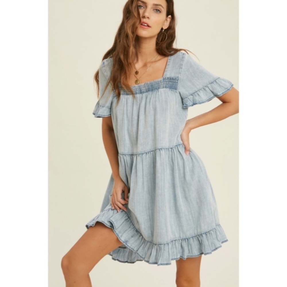 Denim Tencel Square Neck Short Sleeve Ruffle Trim Babydoll Casual Mini Dress - Picture 3 of 5